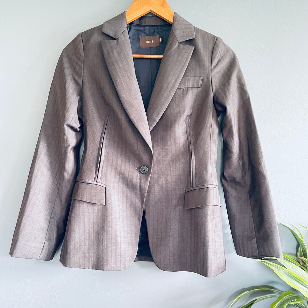Reiss Vintage Blazer Jacket 2 Gray Academia Pinstripe 90s Y2K Prep